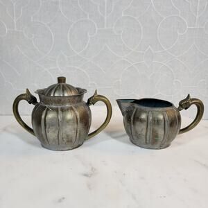 Chinese Dragon Handle Creamer Sugar Ribbed Copper Silver Tone Enamel Inside Lid